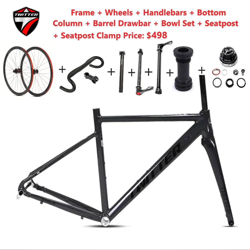 TWITTER-Road bike aluminum alloy frame+carbon fiber fork+wheelset+handlebar+bottom bracket+seatpost+barrel drawbar+bowl set