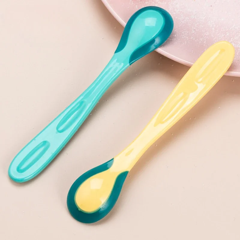 Silicone Feeding Spoon Silicone Cutlery Set Learning Spoons Fork Spoon Set Baby Cutlery Silicone Change Color Temperature Sensing Baby Soft Feeding Spoon Toddler Tableware BPA Free Babies Accessories Feeding Tools