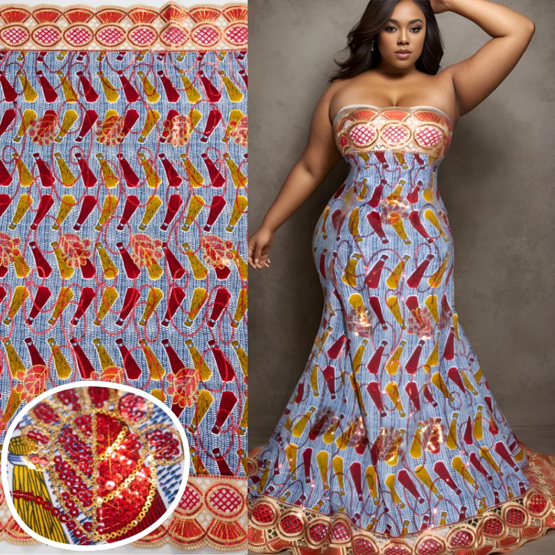 SJD LACE African Wax Fabric 2024 High Quality Nigerian Waxed Sequins Lace Fabric Ankara Guipure Cord For Women Wedding Dresses images - 6