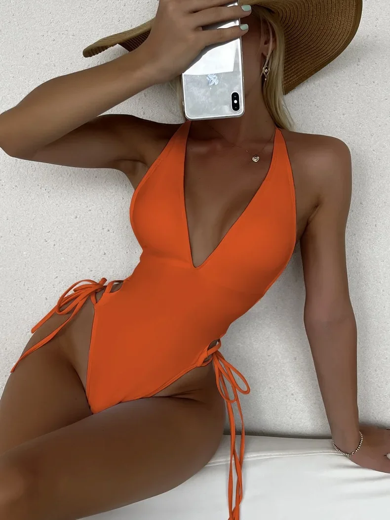 Sexy Deep V Neck One Piece Swimsuit Women Solid Yellow White Hollow Out Pleate Swimwear Beach Bandage Bathing Suit Monokini