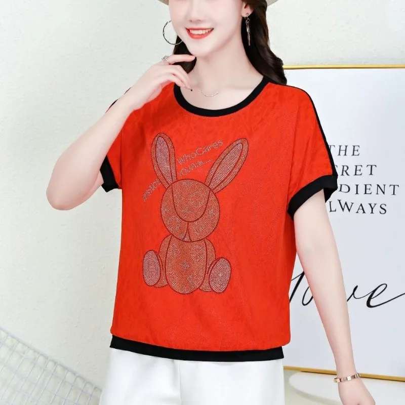 

Summer Women's Clothing Pullover Round Neck Cartoon Letter Short Sleeve Rhinestone Contrast Color T-shirt Casual Fashion Tops