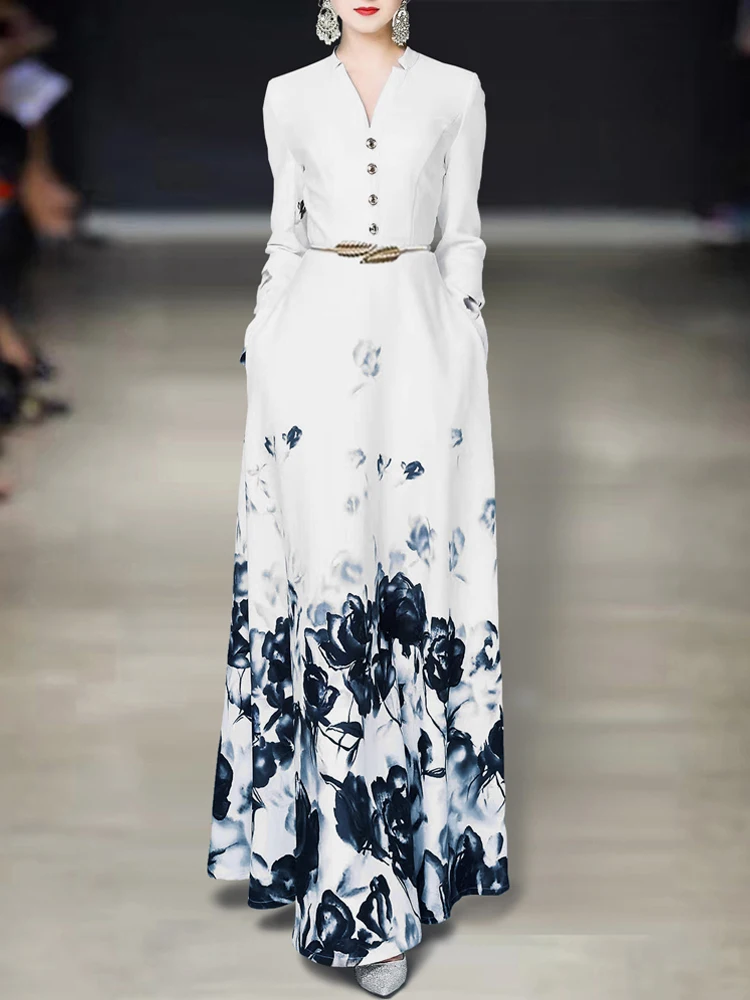 

Sweetsince Chinese Style Retro Ink Print White Dress Women Spring Autumn 2023 Designer New V-neck Long-Sleeve Slim Fit Elegant
