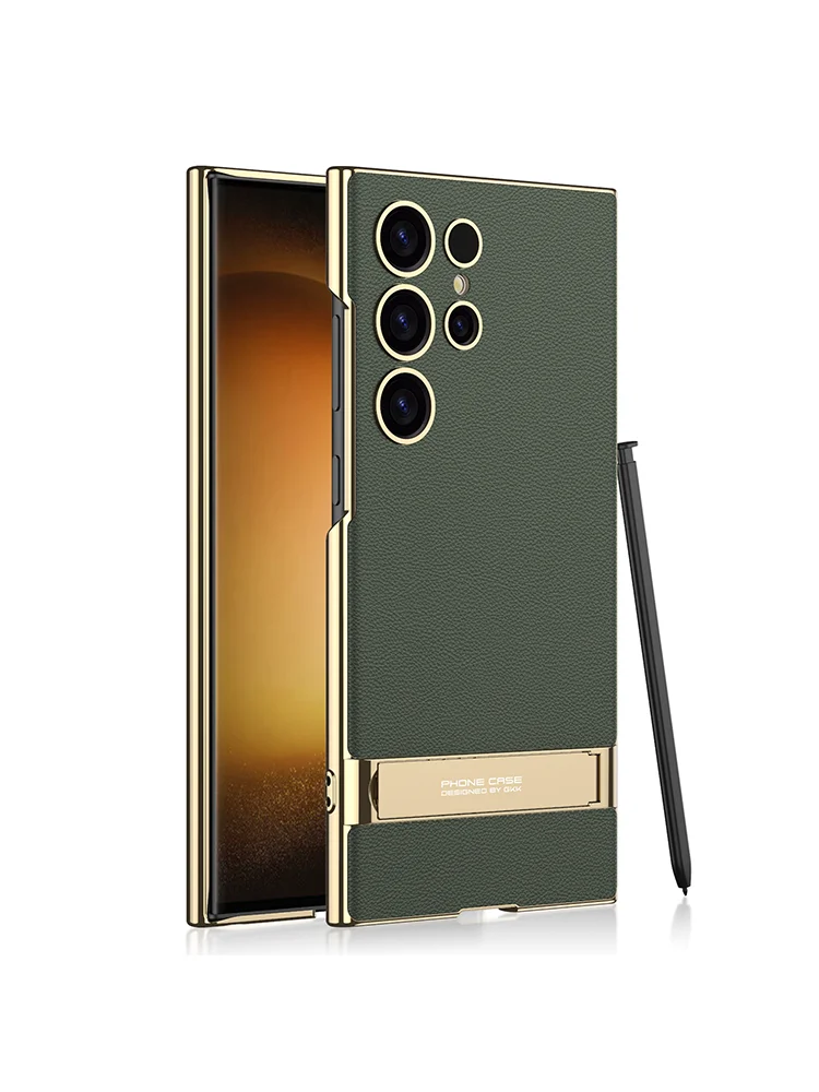 Luxury Stand Plain Leather Case with Electroplated Quality and Camera Protection