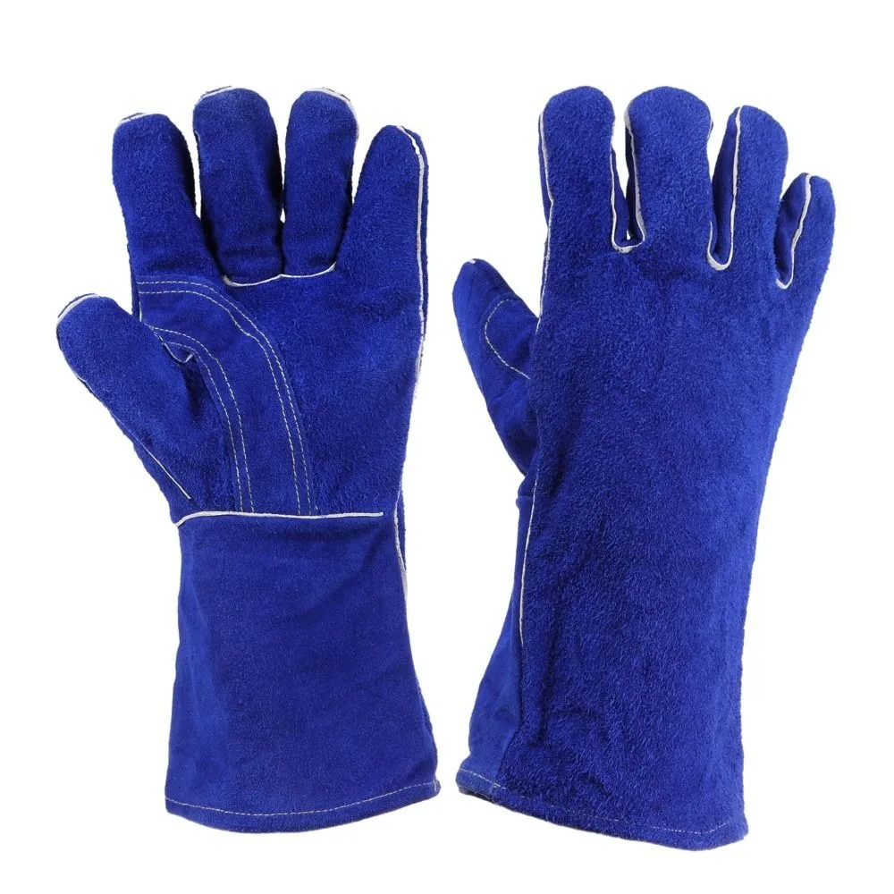 

1 Pair Leather Gloves Blue Welding Heat Resistant 14 inch Glove