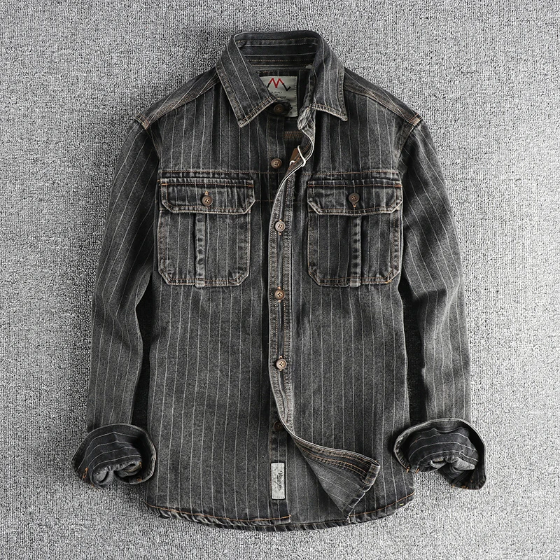 Heavy British retro black gray striped denim shirt men autumn end single cargo pocket shirt coat denim shirt