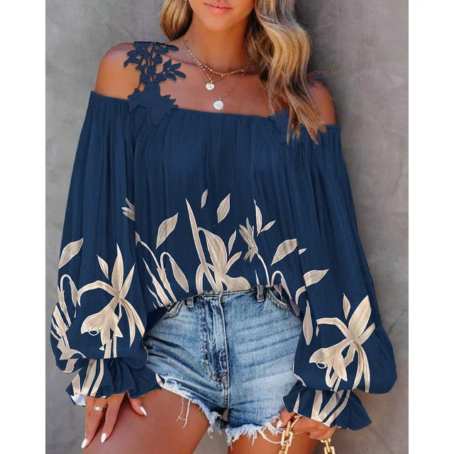 Summer Women Plants Print Lace Patch Cold Shoulder Top 2022 Summer Casual Cold  Shoulder Long Sleeve Daily Blouse Autumn T-Shirts - AliExpress
