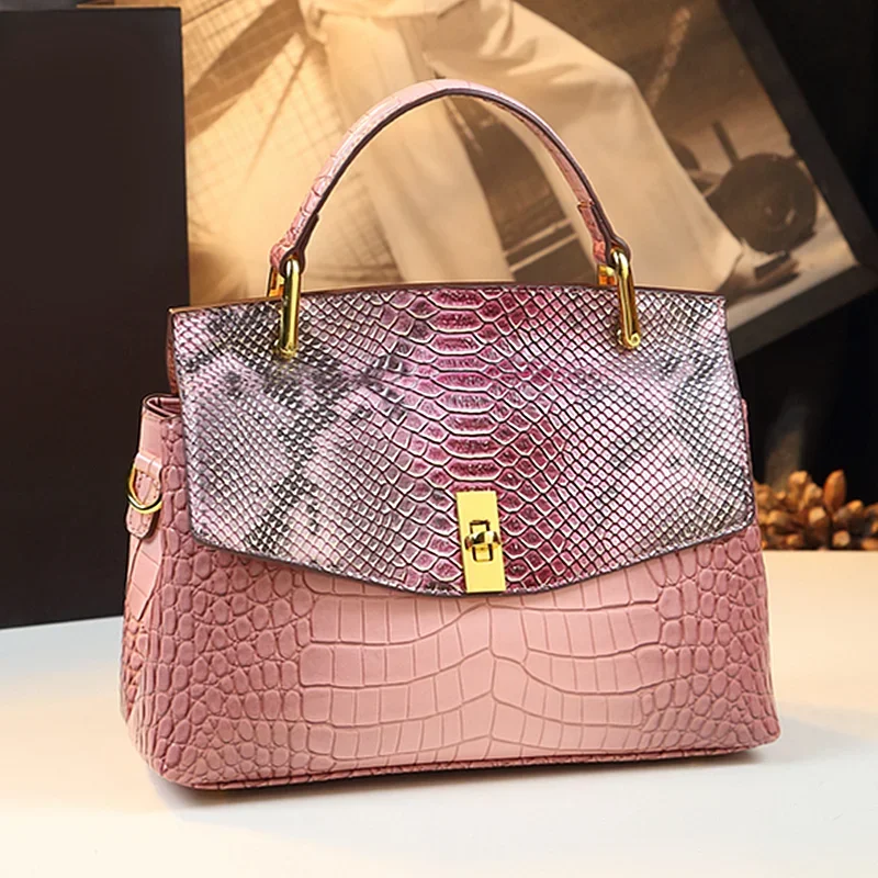 

Luxury Fashion Genuine Leather Women Handbags Quality Cowhide Shoudler Messenger Bag 2024 New Snake Print Portable Shell Bags