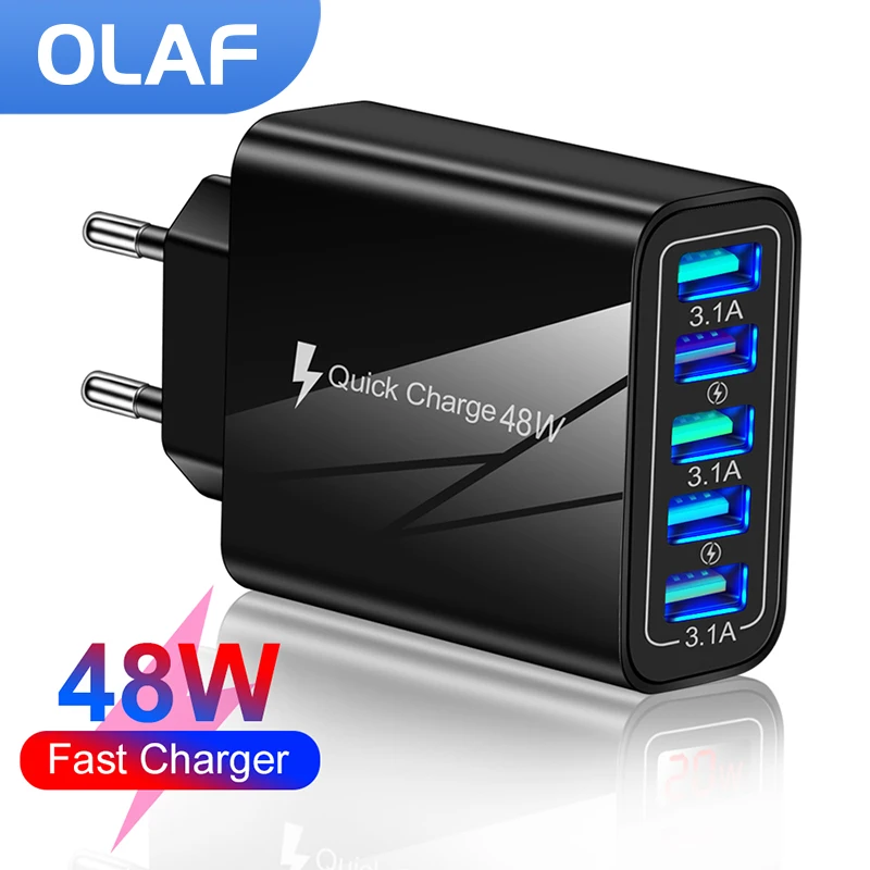 

48W Fast Charger 5 Ports USB Wall Adapter For iphone 12 13 Samsung Xiaomi Lighting Mobile Phone USB Charger Fast Charging Head