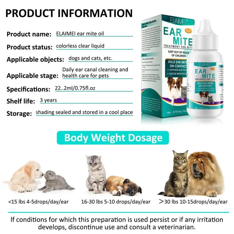 22ML Cat And Dog Ear Cleaner Pet Aloe Ear Mite Oil Repel Ear Mites Anti-fungals Anti-Microbial Earwax Ear Cleaner Pet Otic Drops