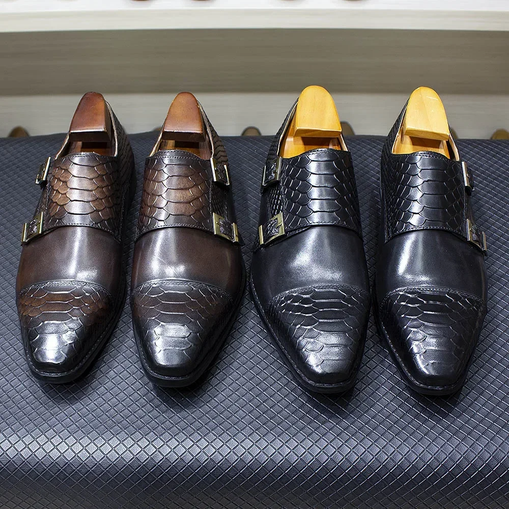 Men's Luxury Double Buckle Monk Strap Dress Shoes Genuine Leather Classic Crocodile Pattern Formal Business Office Footwear