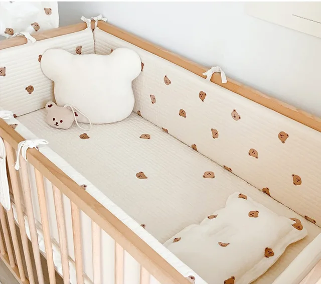 Baby Crib Fence Set Bear Embroidery Baby Crib Bumper Children's Cot Bumper Qualited Cotton Baby Bed Protection Bumper Baby Crib 1
