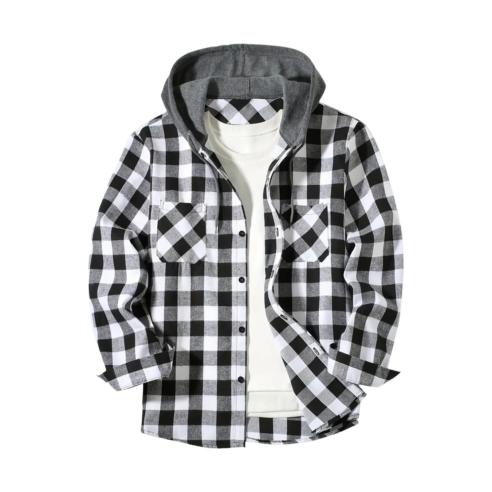 Kkboxly Men's Casual Plad Hooded Jacket, Long Sleeve Button Down Comfy