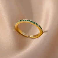 Mini Zircon Green Rings For Women Stainless Steel Gold Color Adjustable Finger Ring Engagement Wedding Christmas Jewelry Gift - Image 2