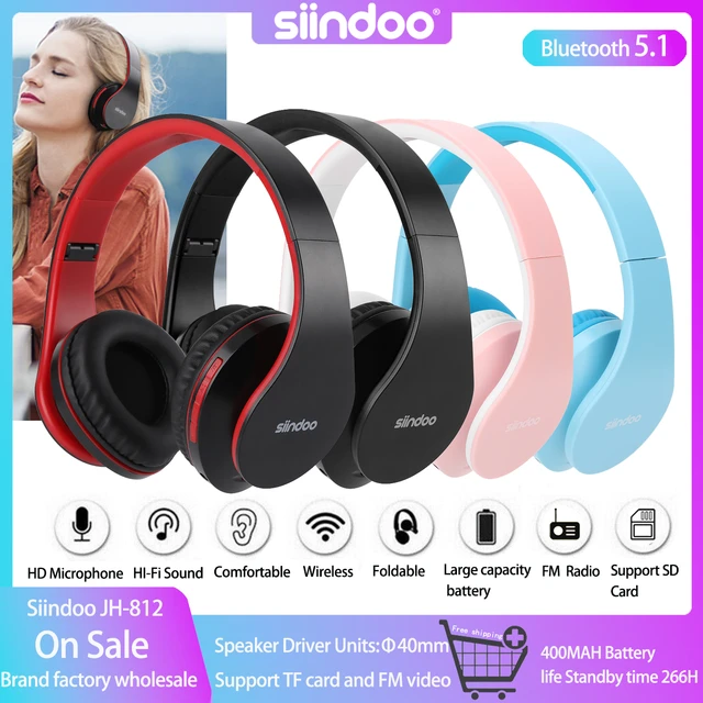 Siindoo-auriculares estéreo plegables con Bluetooth, audífonos de