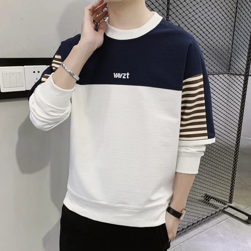 2024 Spring and Autumn Men's New Pullover Round Neck Contrast Letter Print Fashion Loose and Versatile Long Sleeved Sweater