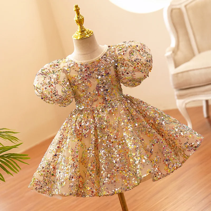 

Sequin Lace Kids Dress for Baby Girls Wedding Tulle Golden Tulle Elegant Princess Party Pageant Formal Gown For Baptism Costume