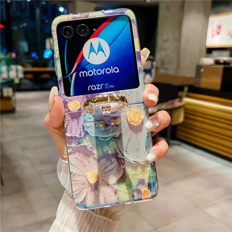 Ring Blu-ray Flower Phone Case For Motorola MOTO Razr 40 Ultra PC Protective Cover