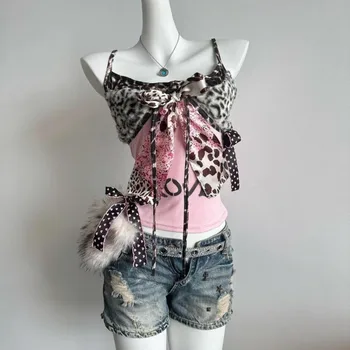 American Harajuku Hottie Camisole Subculture Leopard Patchwork Bow Halter Vest Y2K Aesthetic Letter Print Tanks Women's Slim Top 1