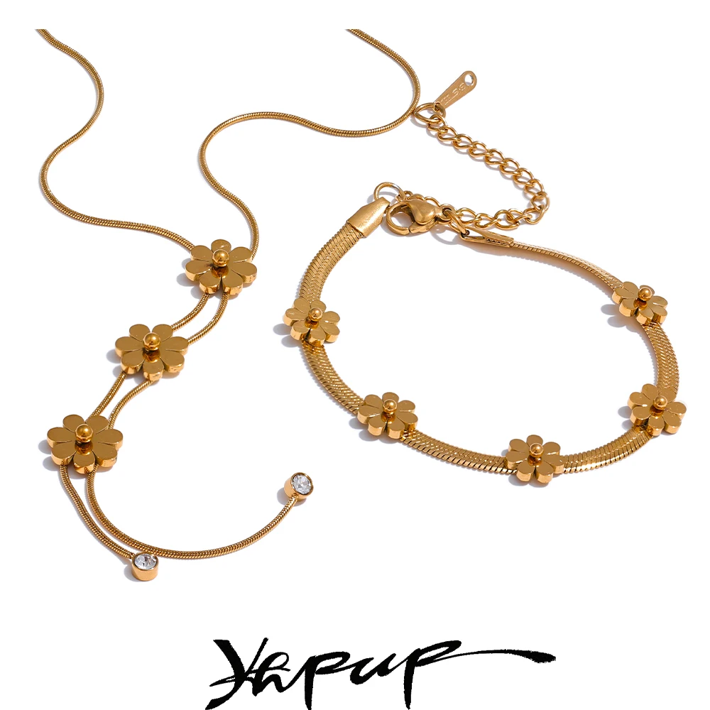 Yhpup Fashion Stainless Steel Metal Flower Chain Necklace Bracelet 18K Gold Color PVD Plated Waterproof Charm Jewelry Gift 1