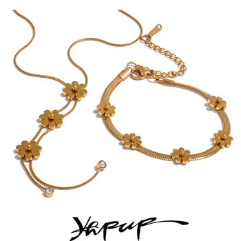 Yhpup Fashion Stainless Steel Metal Flower Chain Necklace Bracelet 18K Gold Color PVD Plated Waterproof Charm Jewelry Gift 1