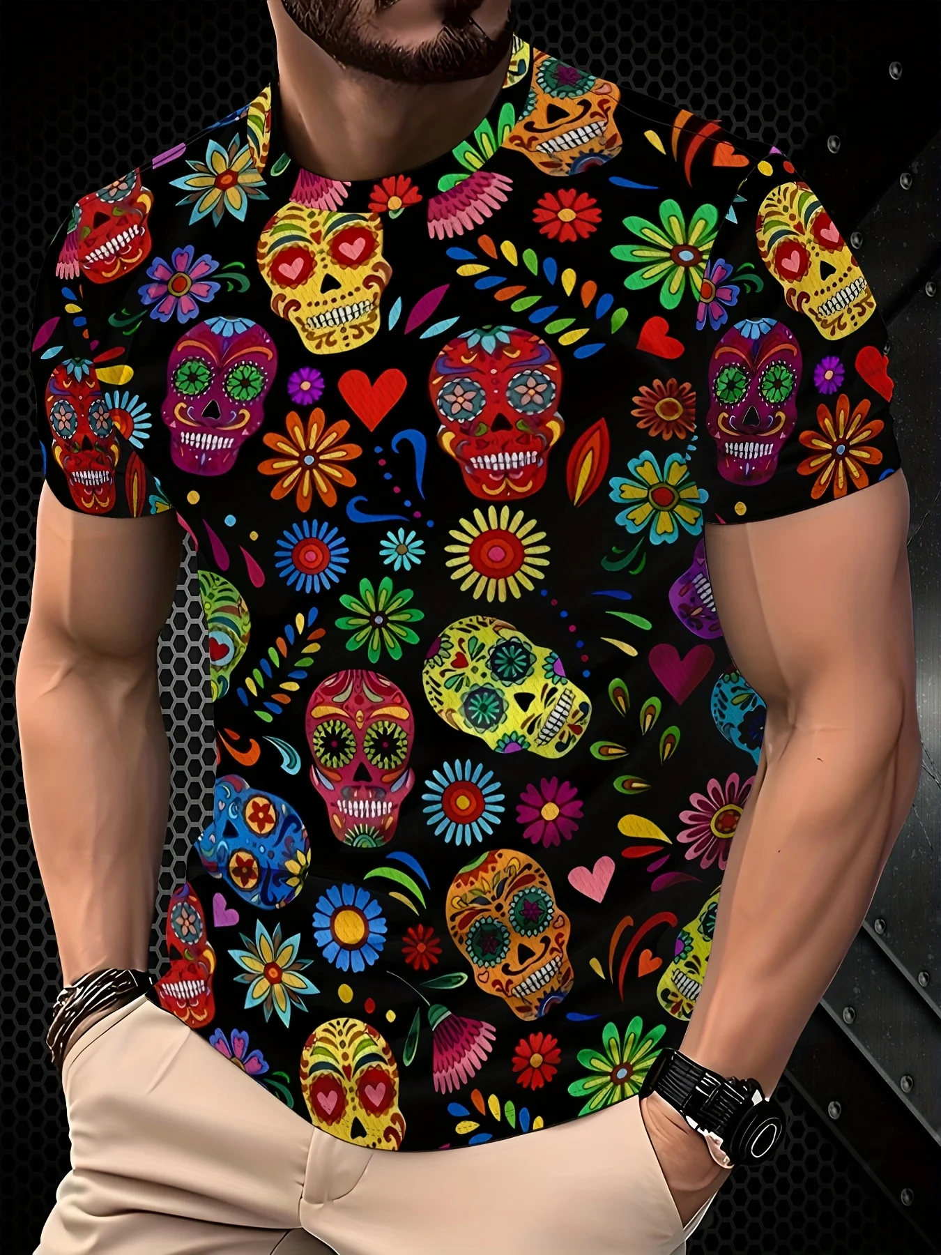 Herren Kurzarm-T-Shirt mit mexikanischem Tag-der-Toten-Zuckerschädel-Blumendruck, Rundhalsausschnitt, Freizeit-Oberteil