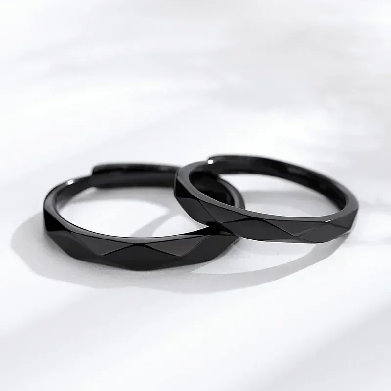 2PCS Black White Lozenge Couple Rings Set Open Adjustable Ring Eachother Lovers Minimalist Ring Gift Wedding Rings Bride Jewlery 4