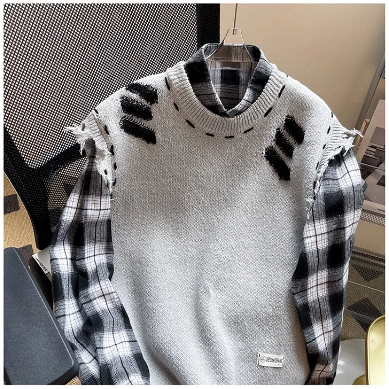 Men's American High Street Frayed Fashion Vibe Sleeveless Knitting Loose Sweater Vests Knitwear Teen Vintage Streetwear Chic