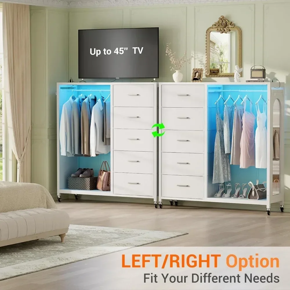 Children's wardrobe with clothes hanger and mirror, white 5-drawer wardrobe with charging station LED lights, drawers can roll
