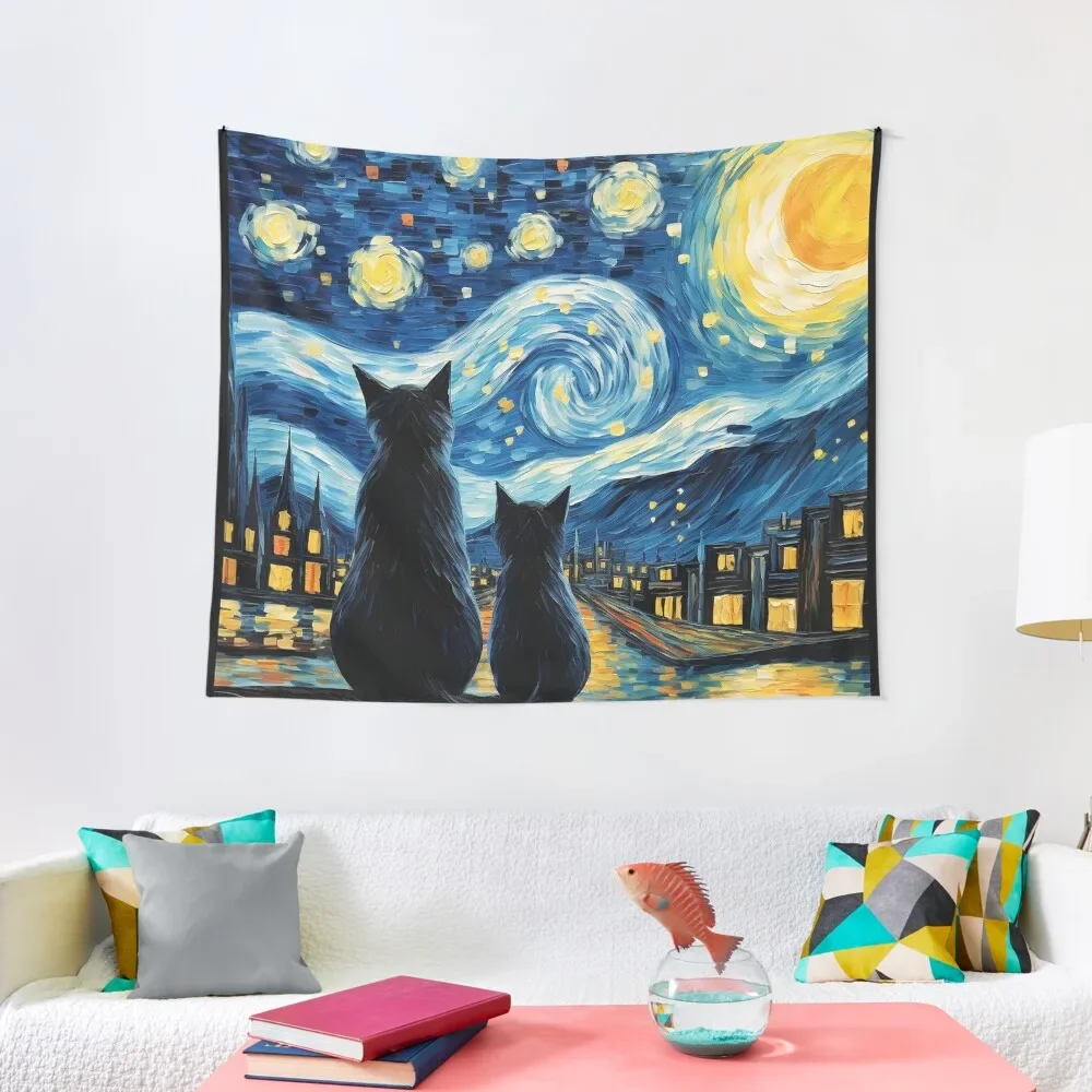 

Cat Van gogh Inspired Starry Night Painting for Van gogh Lovers Tapestry Decoration Wall Things To The Room Tapestry