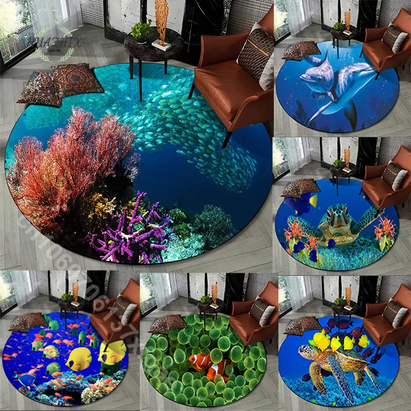 

3D Seabed Underwater Carpet World Dolphin Turtle Round Area Rug for Living Room Bedroom Sofa Playroom Decor Non-slip Floor Mat