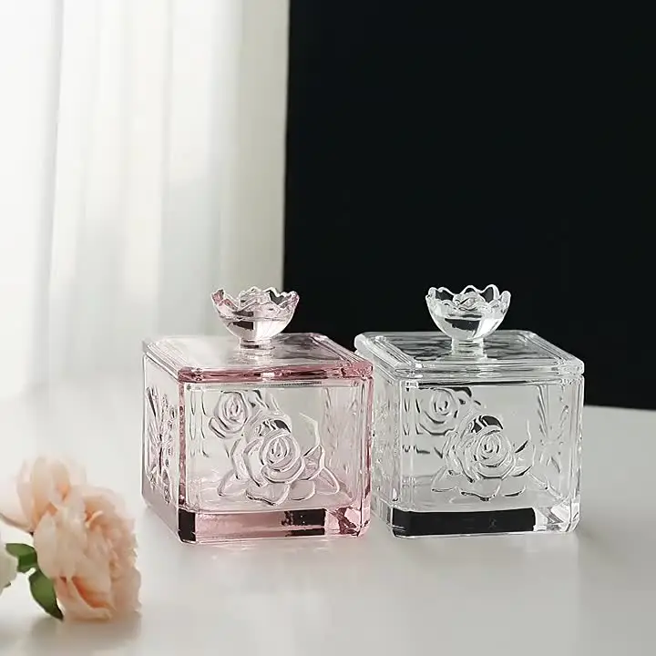 Glass Jewelry Jar Rose Crystal Cosmetics Cotton Swabs Candy Box