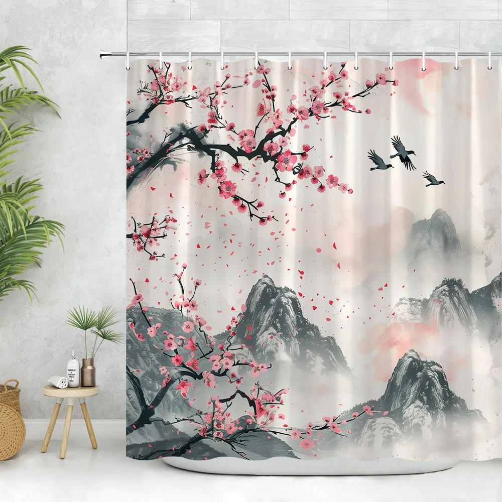 

Японская занавеска для душа, парусник из полиэстера с рисунком пейзажа, цветущей вишни, традиционная азиатская чернильная ткань для ванной комнаты