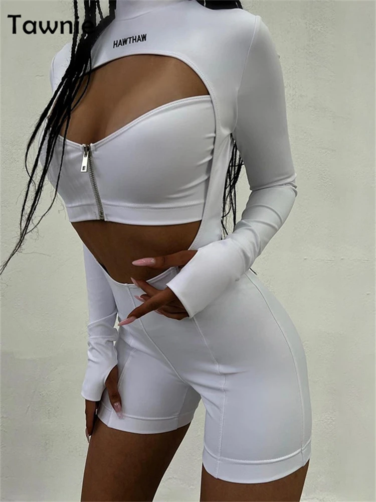 

Tawnie Women Long Sleeve Bodycon Playsuits Spring 2024 Y2K Cut Out Sexy Streetwear Romper Black White Turtleneck Chic Skinny Fit