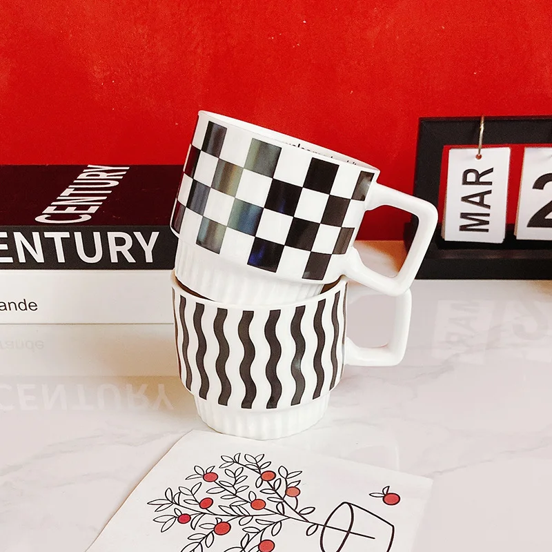 

Creative Plaid Grid Striped Ceramic Mug Tea Cup Lattice Coffee Cups French Stripe Mack Milk Cup Girls Gift Teacup