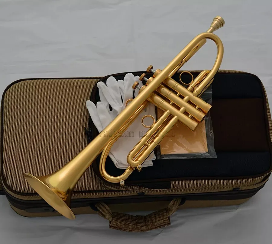 Brushed gold plated Professional Bb Trumpet Horn Monel piston With Case