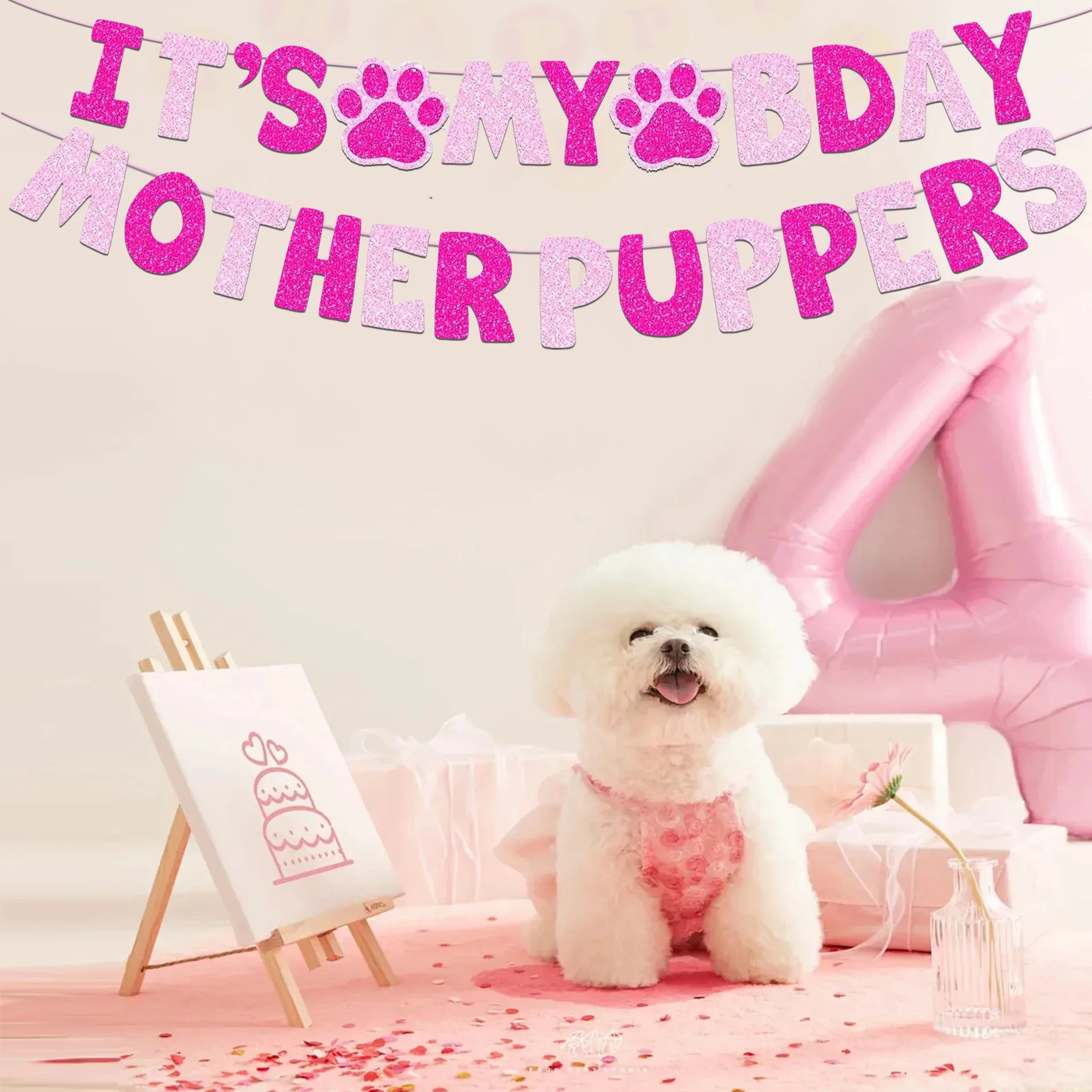 It's My Mother Puppers Banner Pink Glitter Paw Print Bunting Dog Mom Girl