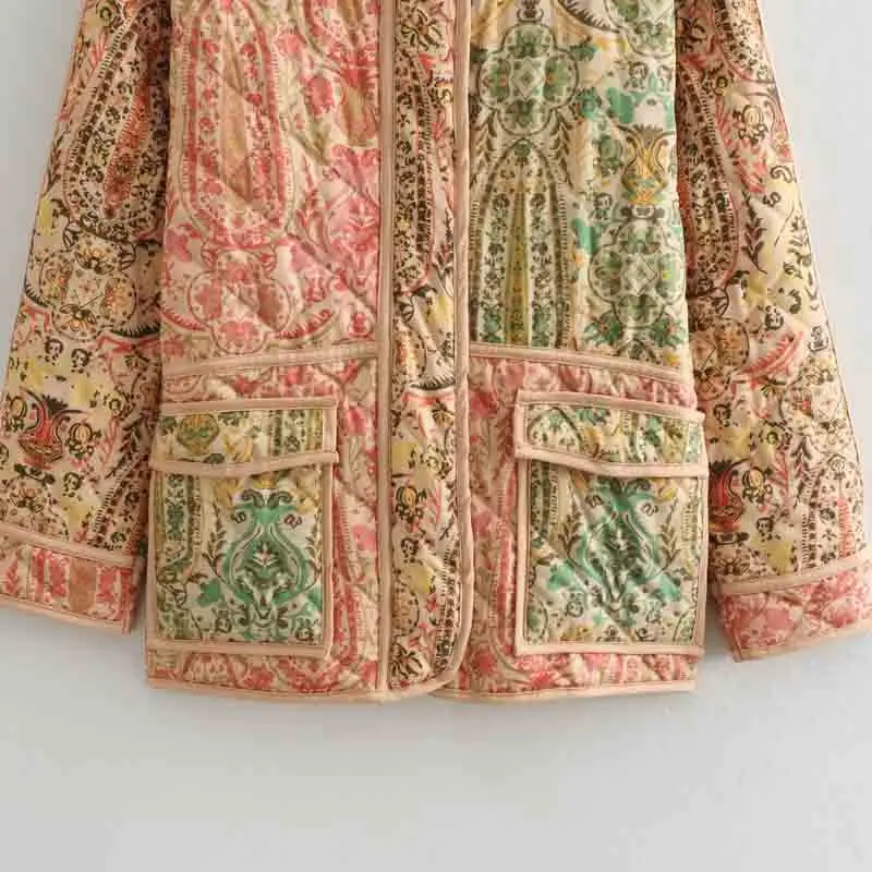 TRAF Print Woman\'s Quilted Jacket Vintage Padded Coat Woman Long Sleeve Winter Women\'s Cold Coat 2023 Streetwear Oversize Jacket