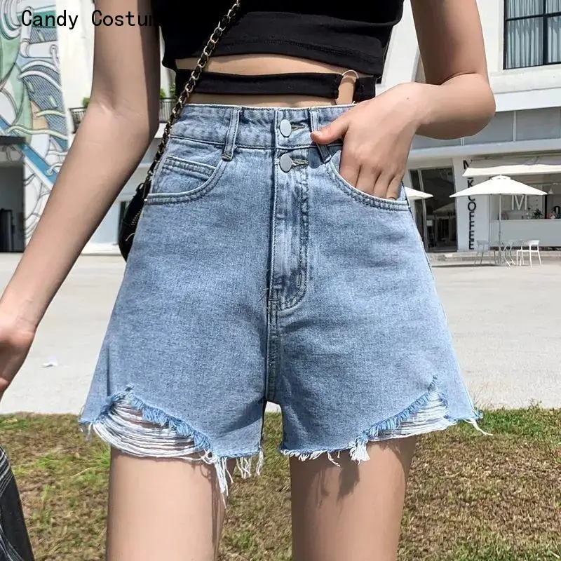 Fashion High Waist Korean Style Chic Cozy Vintage Comfortable Preppy Teens Zipper Flyshorts Women Solid Denim Summer