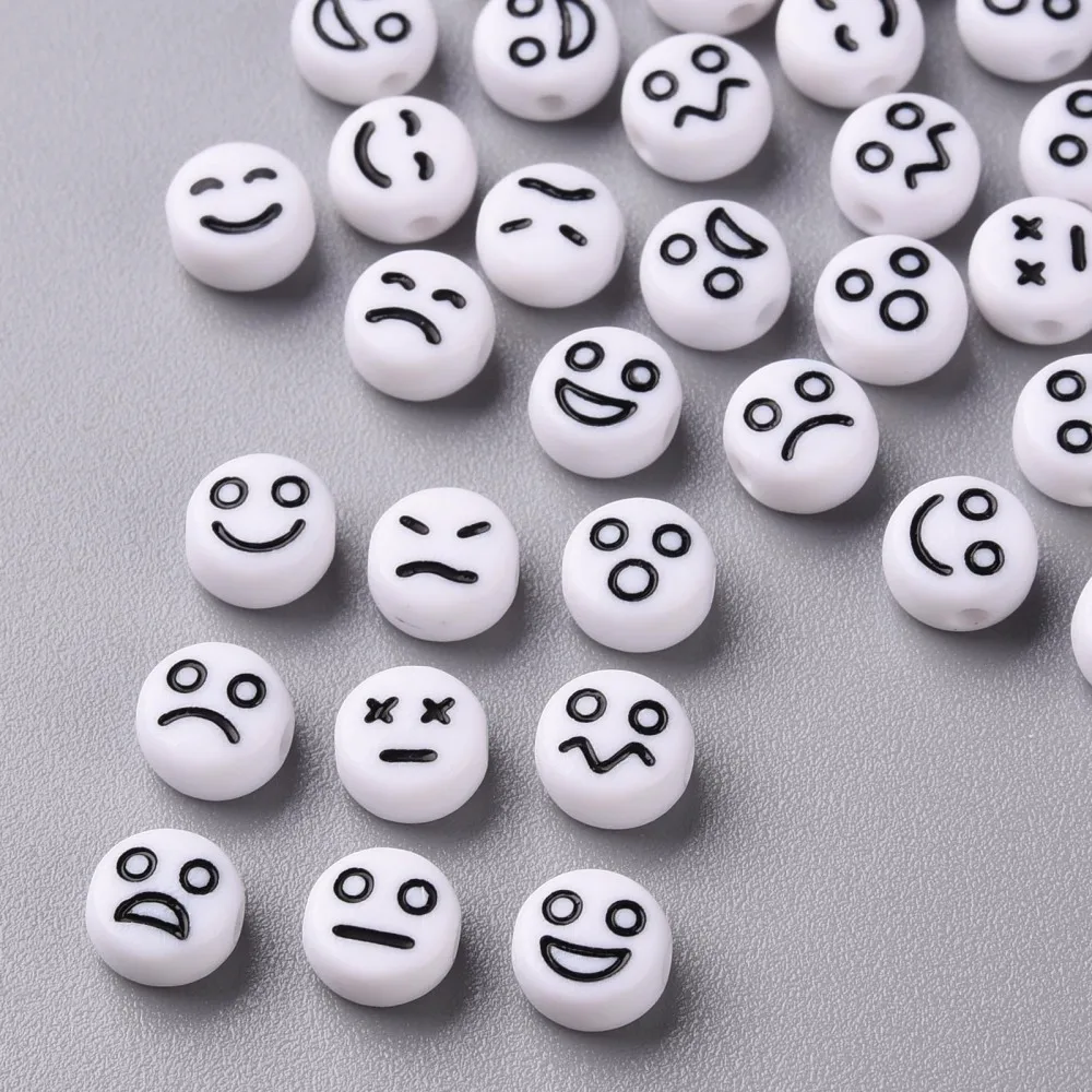 

500g Opaque White Acrylic Beads Flat Round with Black Random Expression 7x4mm Hole: 1.6mm about 3650pcs/500g