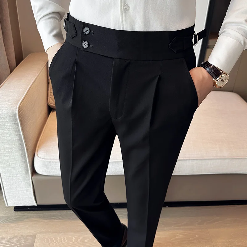 High Quality New High Waist Business Dress Pants Men Casual Belt Design Slim Suit Pant Formal Wedding Social Party Male Trousers