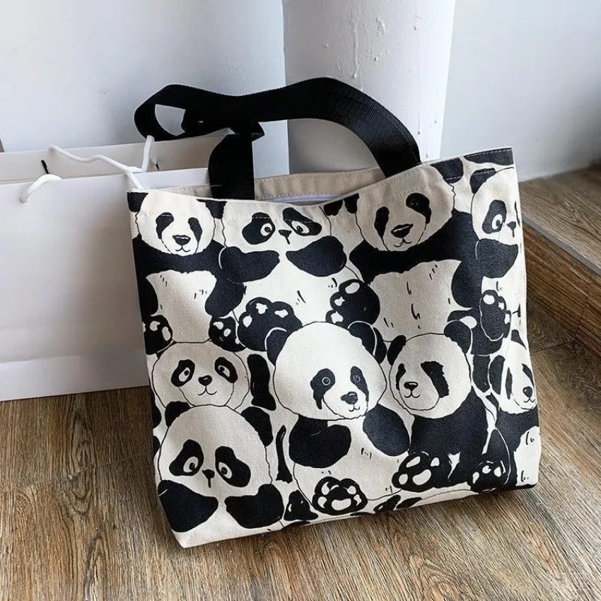 Canvas Bag Women's Shoulder Chinese Style High Capacity Zipper Canvas Bag Portable Shopping Bag Double Cute Panda Sided Printing Canvas Bag Women's Shoulder Chinese Style High Capacity Zipper Canvas Bag Portable Shopping Bag Double Cute Panda Sided Printing