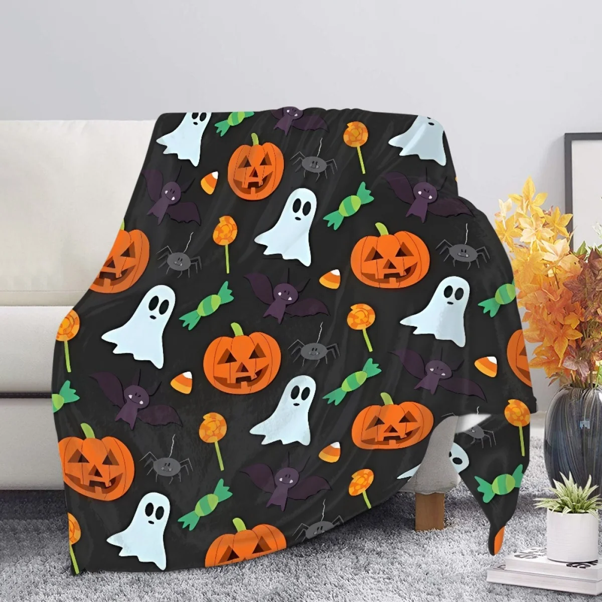 

TOADDMOS Pumpkin Bat Ghost Print Warm Blanket Halloween Gift Soft Cozy Lightweight Office Nap Throw Blanket For Sofa Bed Couch