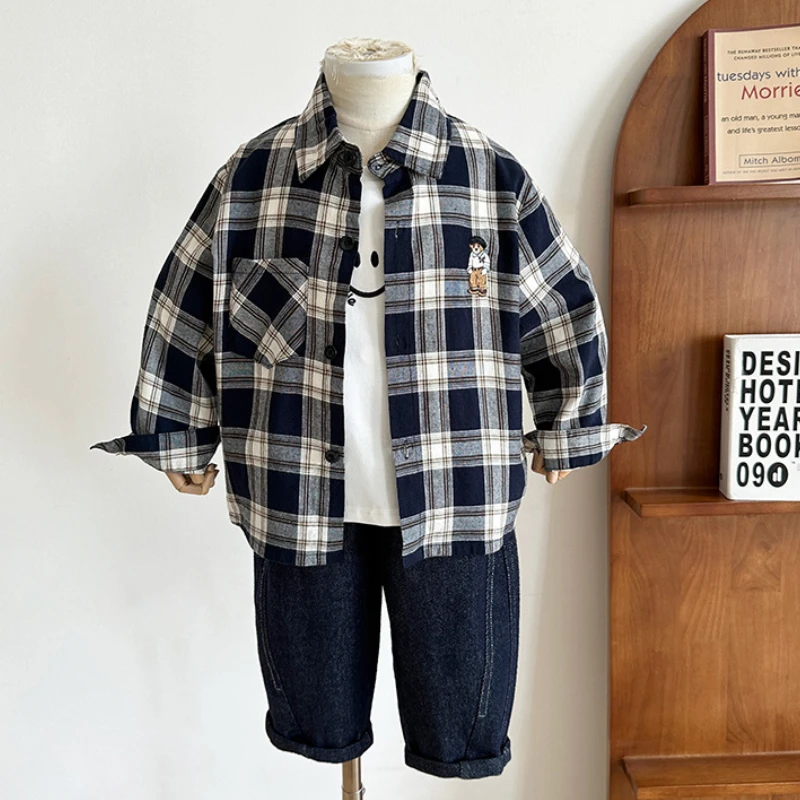 

2023 New Spring Autumn Children's Shirts Clothing Boys Bear Embroidery Plaid Tees Korean Fashion Boy Girl Baby Long Sleeve Coat
