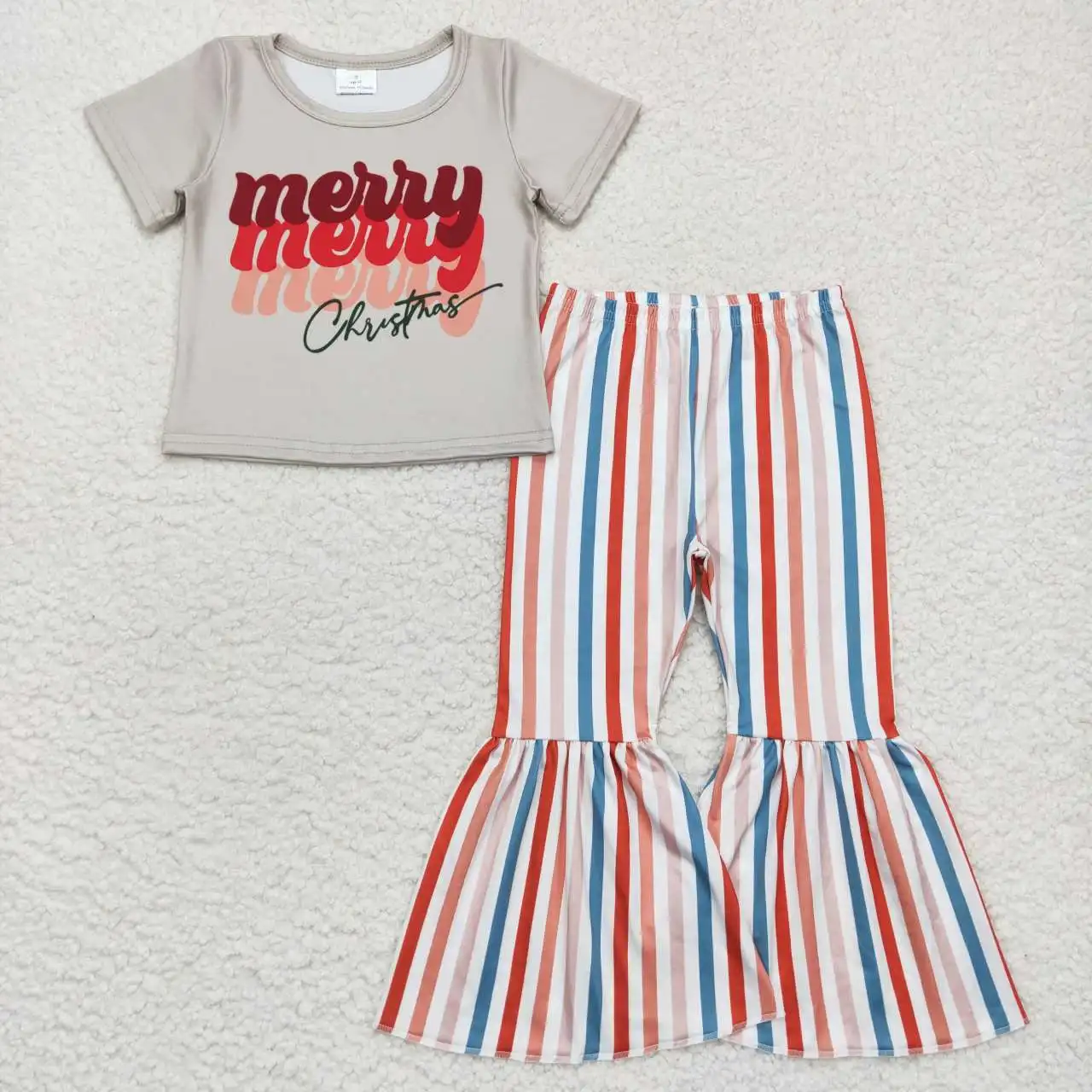 

Wholesale Merry Christmas Kids Short Sleeves Shirts Set Toddler Baby Girl Outfit Children Colorful Stripes Bell Pants Clothing