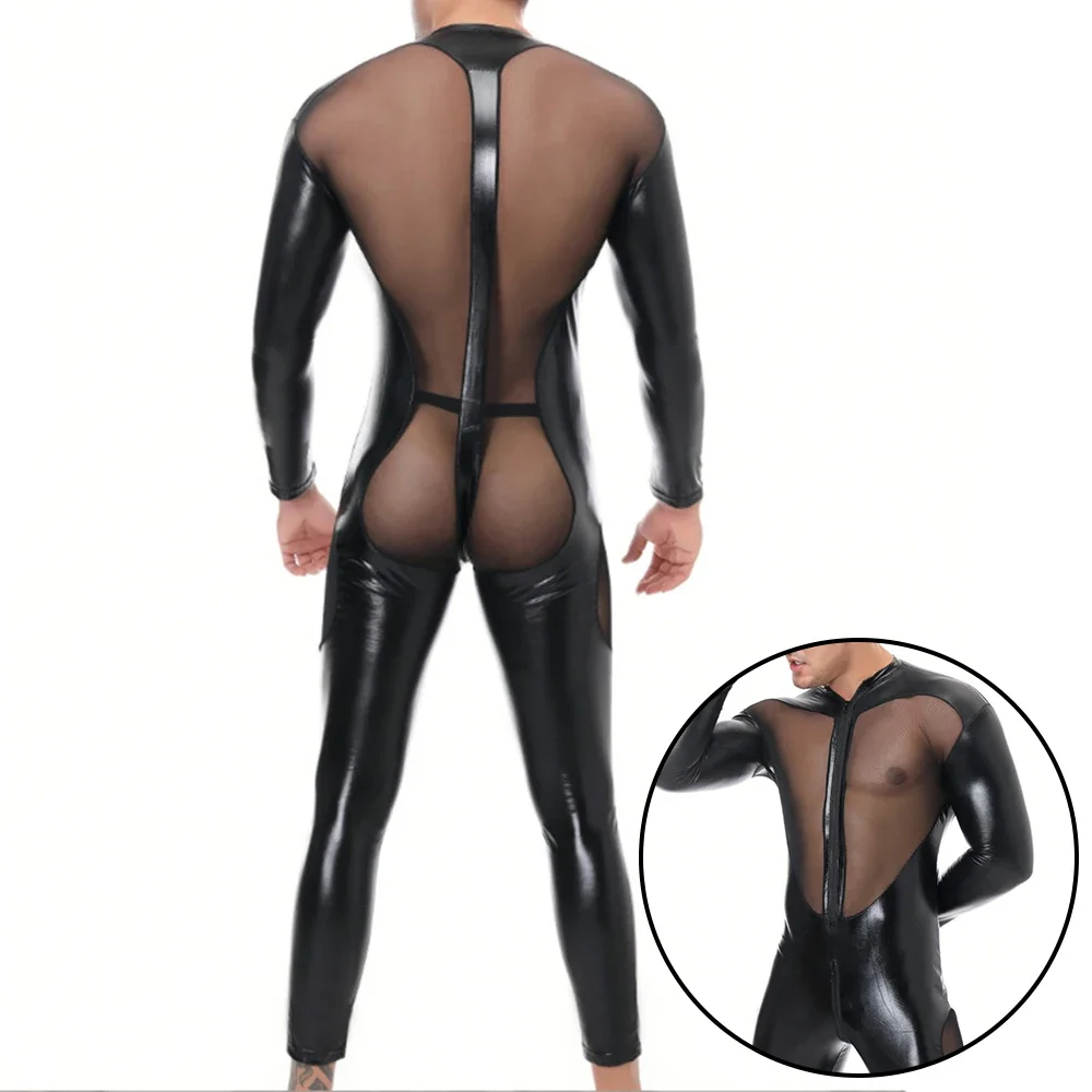 

Men Sexy Leather Mesh Transparent Bodysuits Long Sleeve Sheer Mesh Splice Bodice Zipper Leotard Bodysuit Jumpsuit Night Clubwear