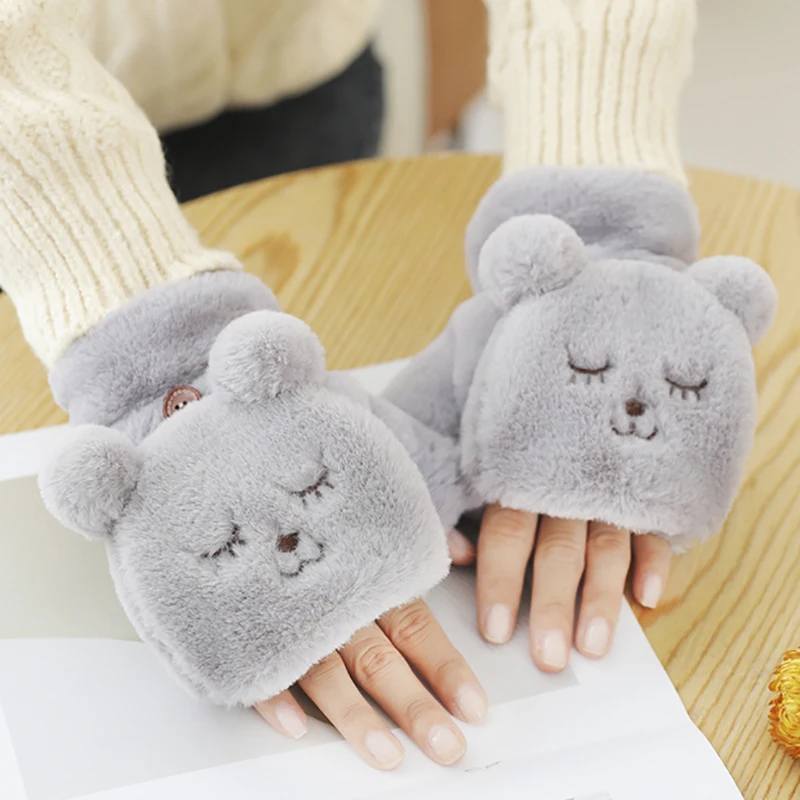 Cat Bear Rabbit Fur Mittens Flip Gloves Fingerless Plush Thicken Warm