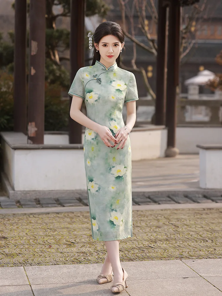 

Elegant Print Floral Daily Qiapo Women Traditional Style Cheongsam Vintage Mandarin Collar Chinese Dress Gown
