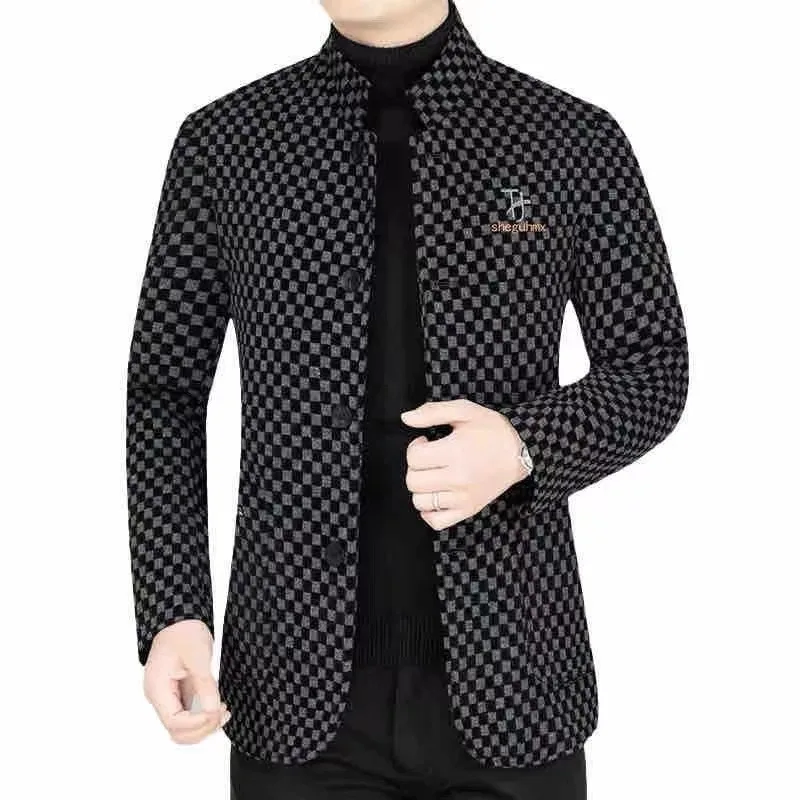 Men's Blazers Business Casual Stand Collar Woolen Jacket Classic Plaid Retro Versatile Tops Streetwear Coats