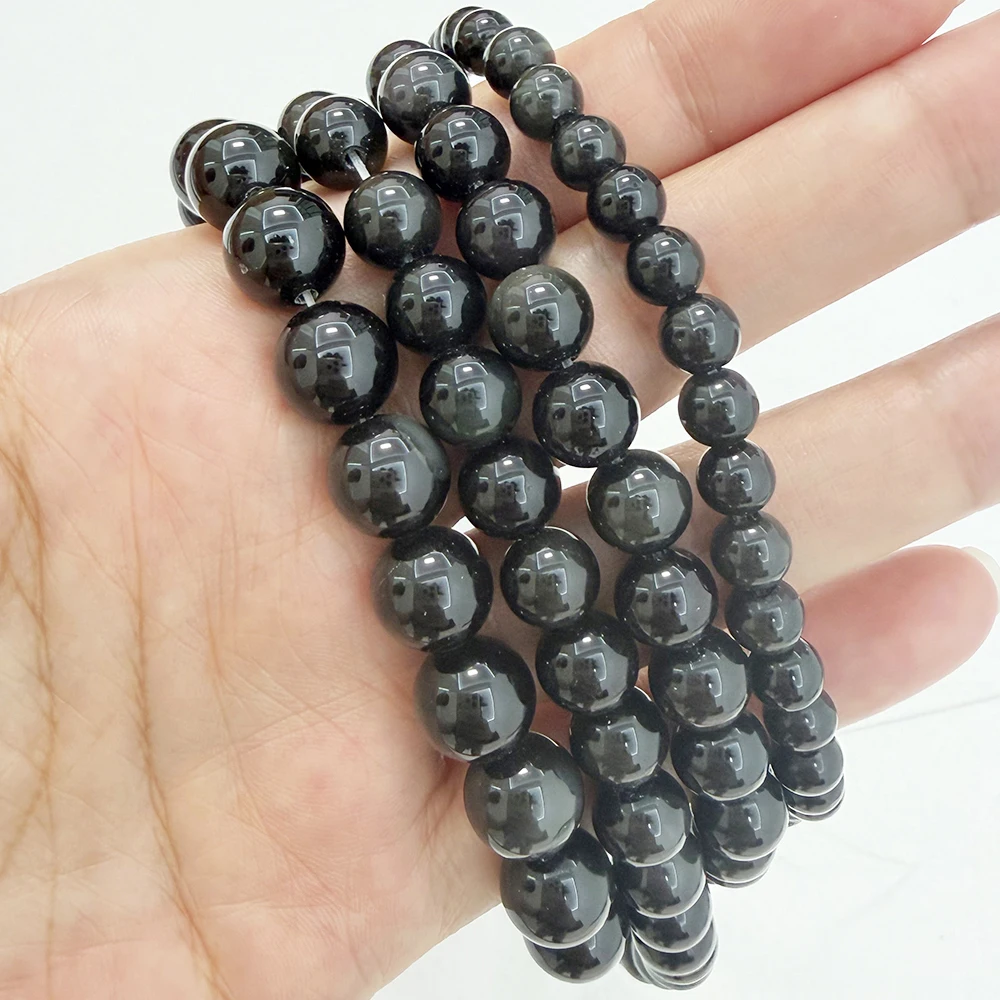 Naturstein Schwarz (Regenbogen) Obsidian Runde lose Perlen 15" Strang 4 6 8 10 12 14MM Auswahlgröße für die Schmuckherstellung SAB15