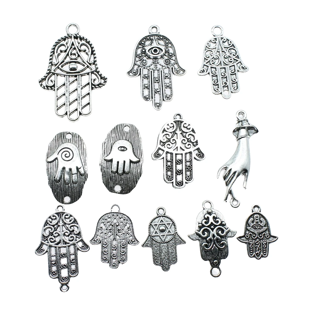 10 개 / 몫 매력 Hamsa 손 골동품 실버 색상 Hamsa 손 매력 펜던트 팔찌 루프트 한자 손 매력 도매